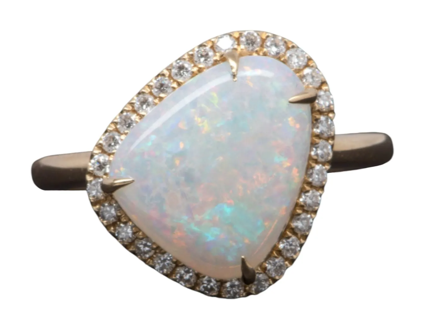 2.59ct Solid Australian Opal Diamond Halo Engagement Ring 14K Yellow Gold Flash of Fire AD2305