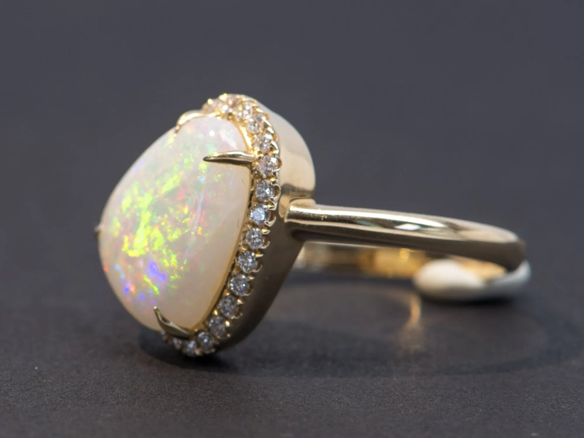 2.59ct Solid Australian Opal Diamond Halo Engagement Ring 14K Yellow Gold Flash of Fire AD2305