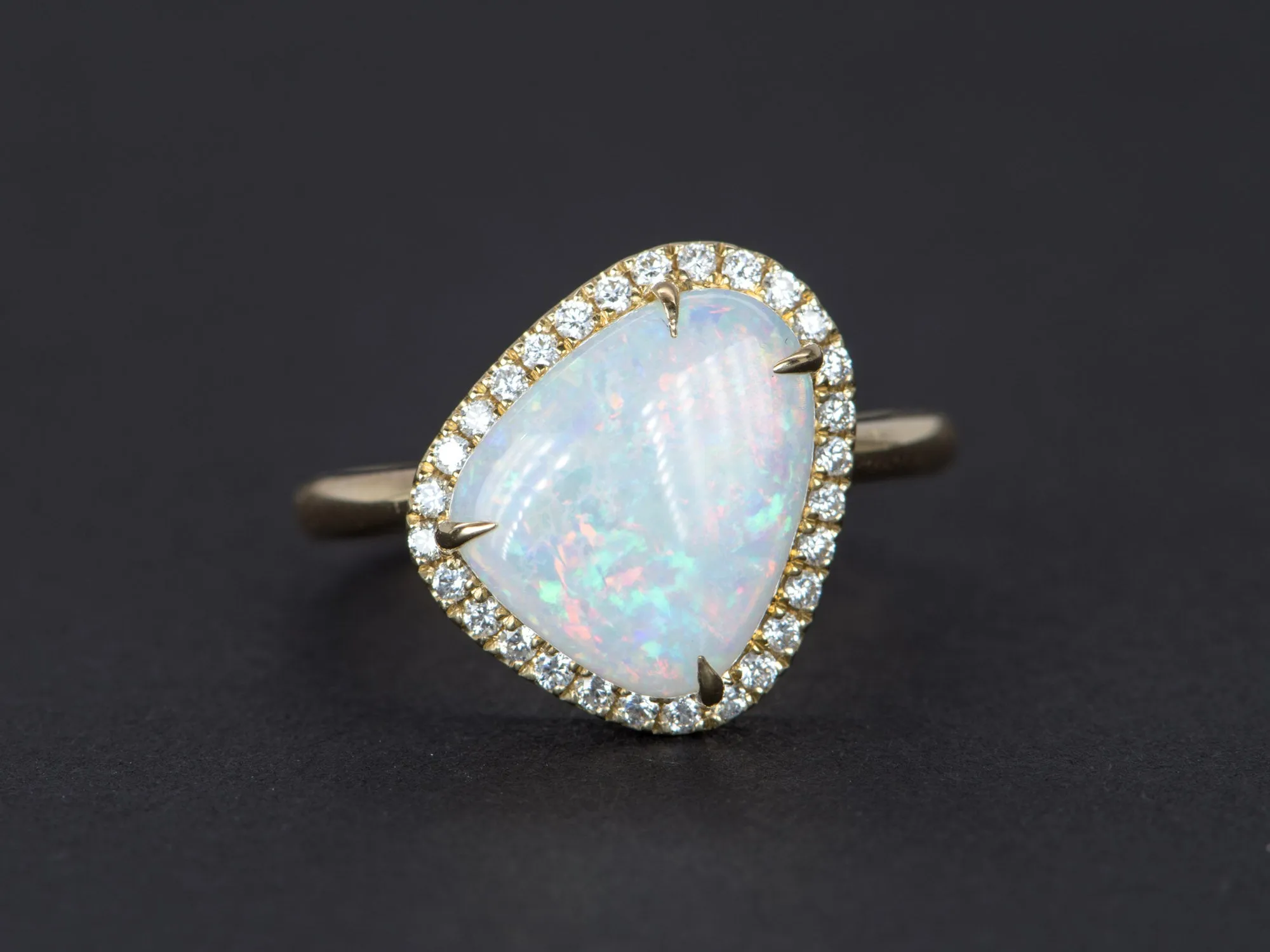 2.59ct Solid Australian Opal Diamond Halo Engagement Ring 14K Yellow Gold Flash of Fire AD2305