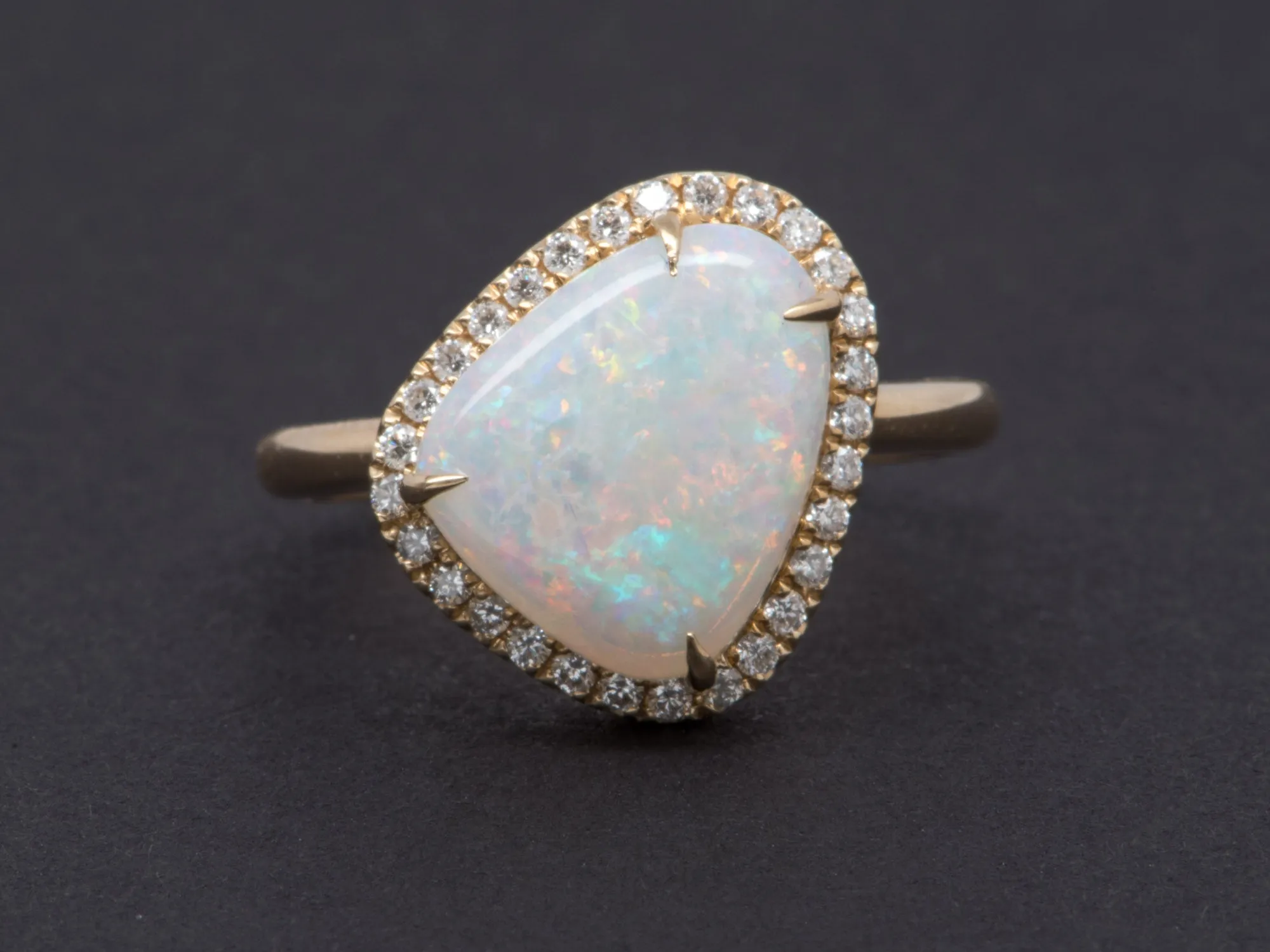 2.59ct Solid Australian Opal Diamond Halo Engagement Ring 14K Yellow Gold Flash of Fire AD2305