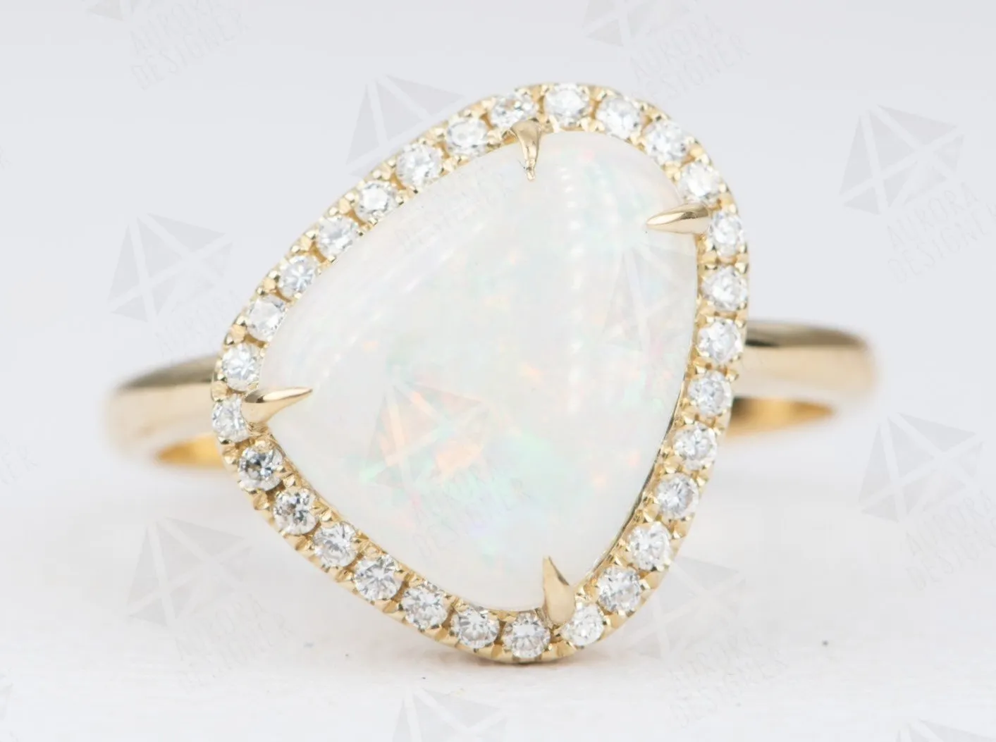 2.59ct Solid Australian Opal Diamond Halo Engagement Ring 14K Yellow Gold Flash of Fire AD2305