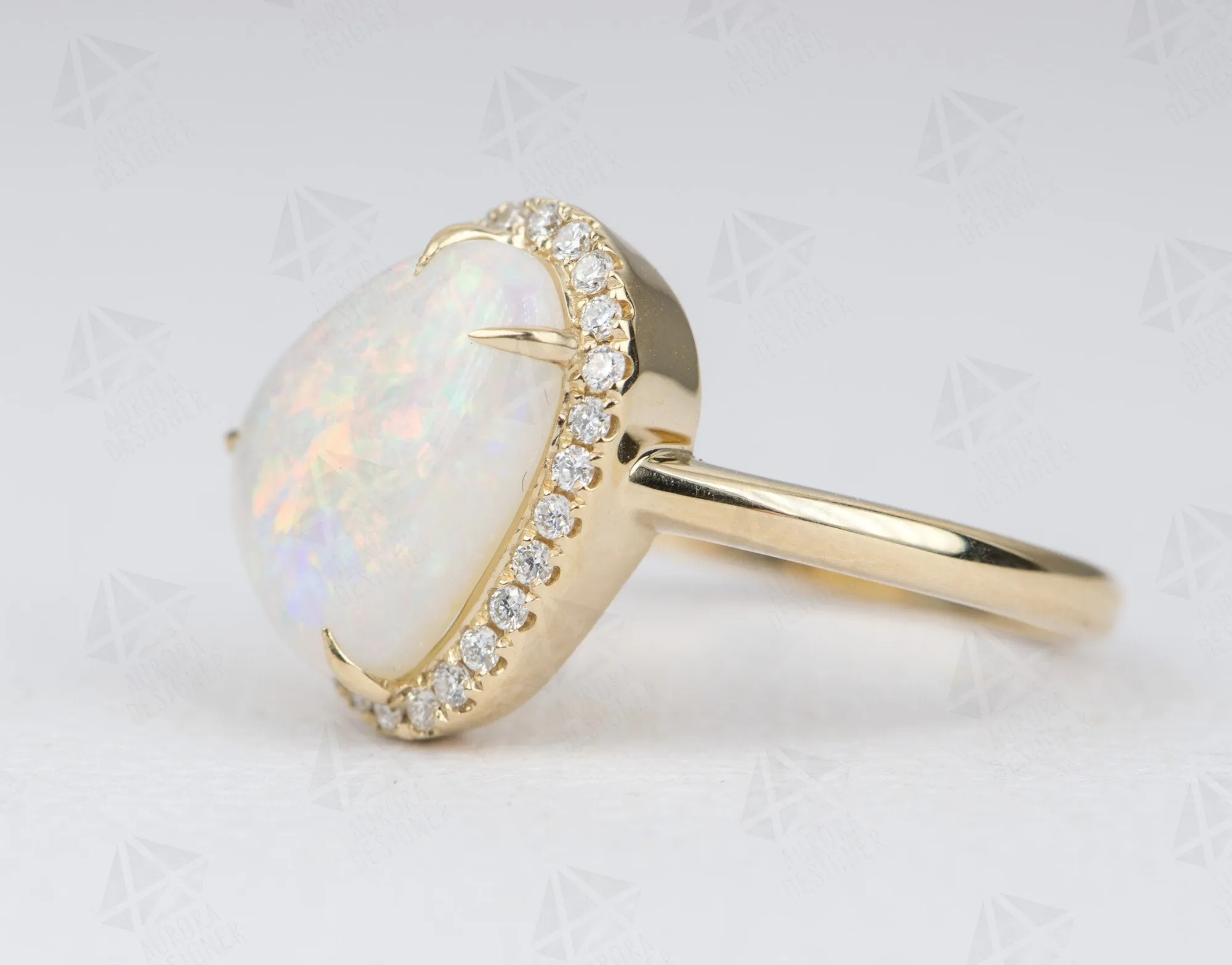 2.59ct Solid Australian Opal Diamond Halo Engagement Ring 14K Yellow Gold Flash of Fire AD2305