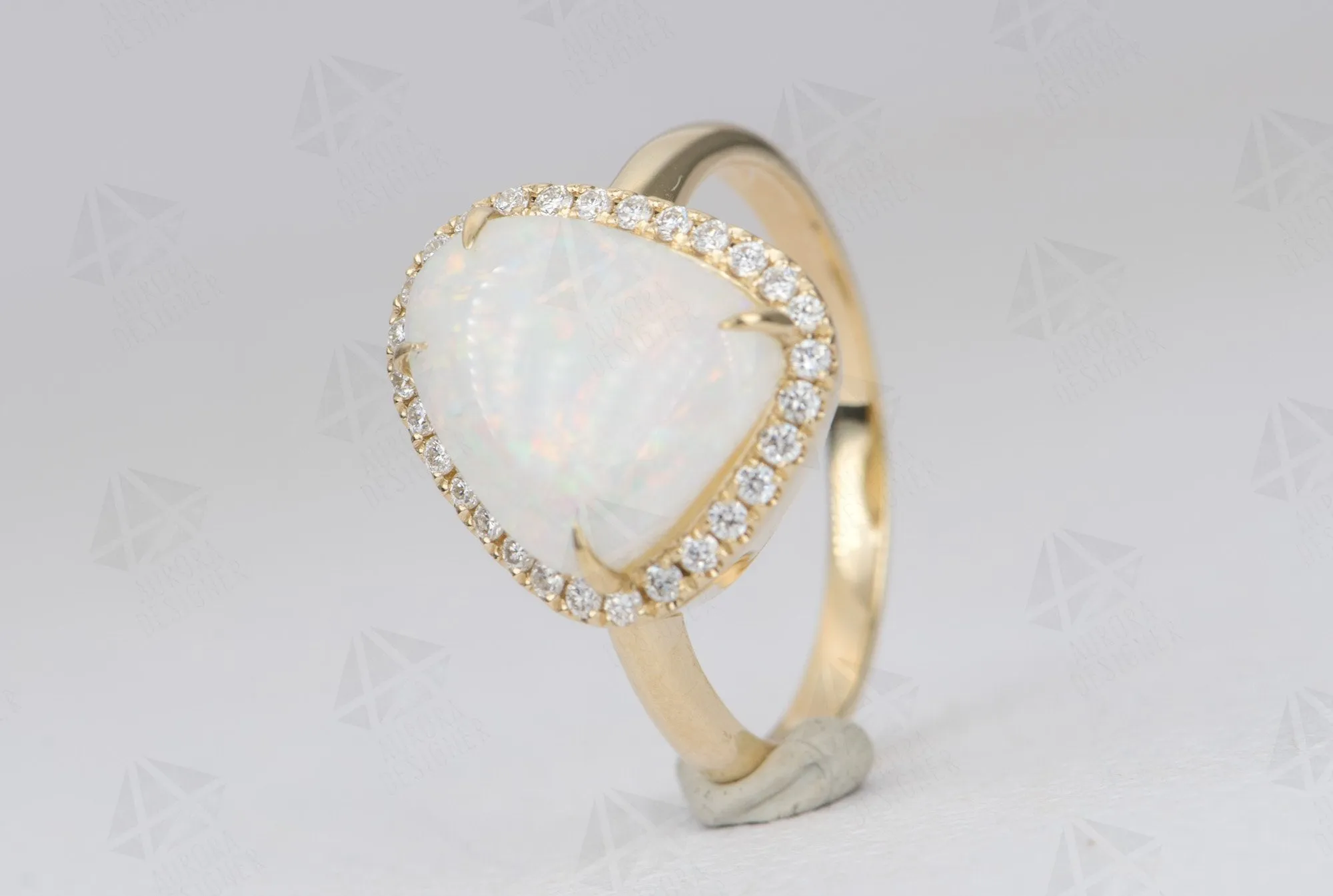 2.59ct Solid Australian Opal Diamond Halo Engagement Ring 14K Yellow Gold Flash of Fire AD2305