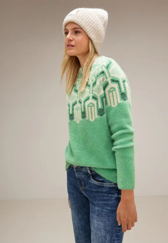 302485- Green Feather Yarn Jumper- Street One