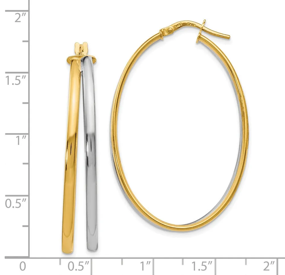 43mm (1 5/8 Inch) 14k Yellow Gold & White Rhodium Double Oval Hoops