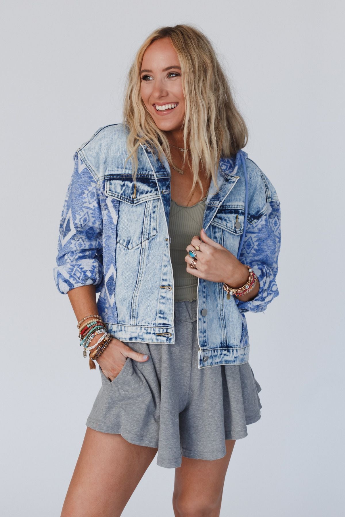 All That Hooded Aztec Denim Jacket - Denim