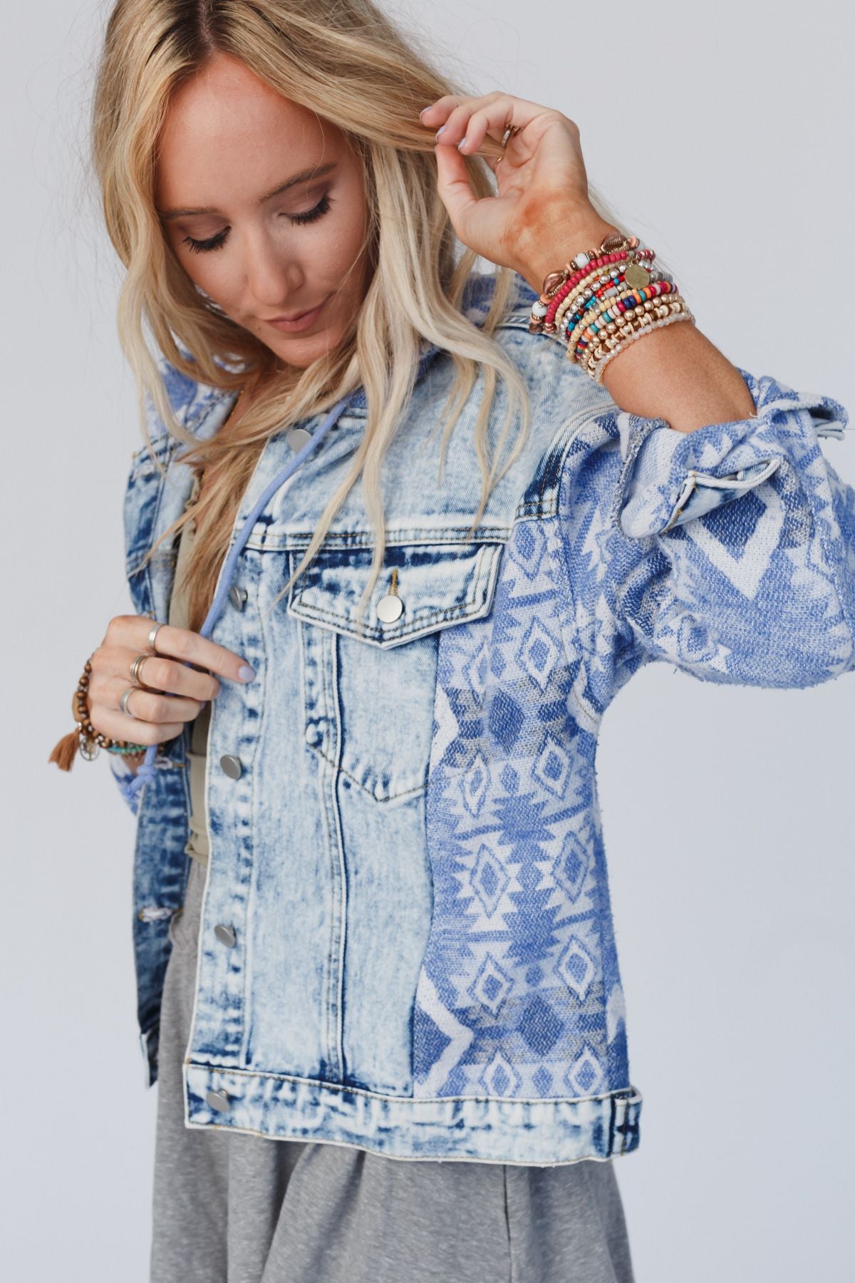 All That Hooded Aztec Denim Jacket - Denim