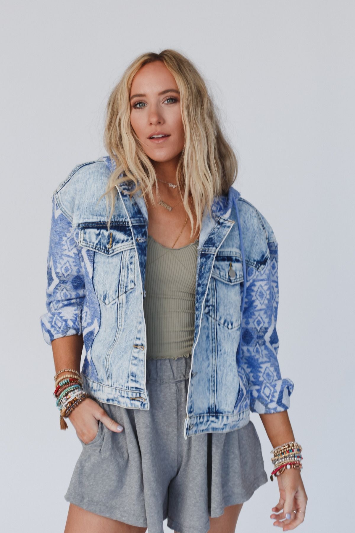 All That Hooded Aztec Denim Jacket - Denim