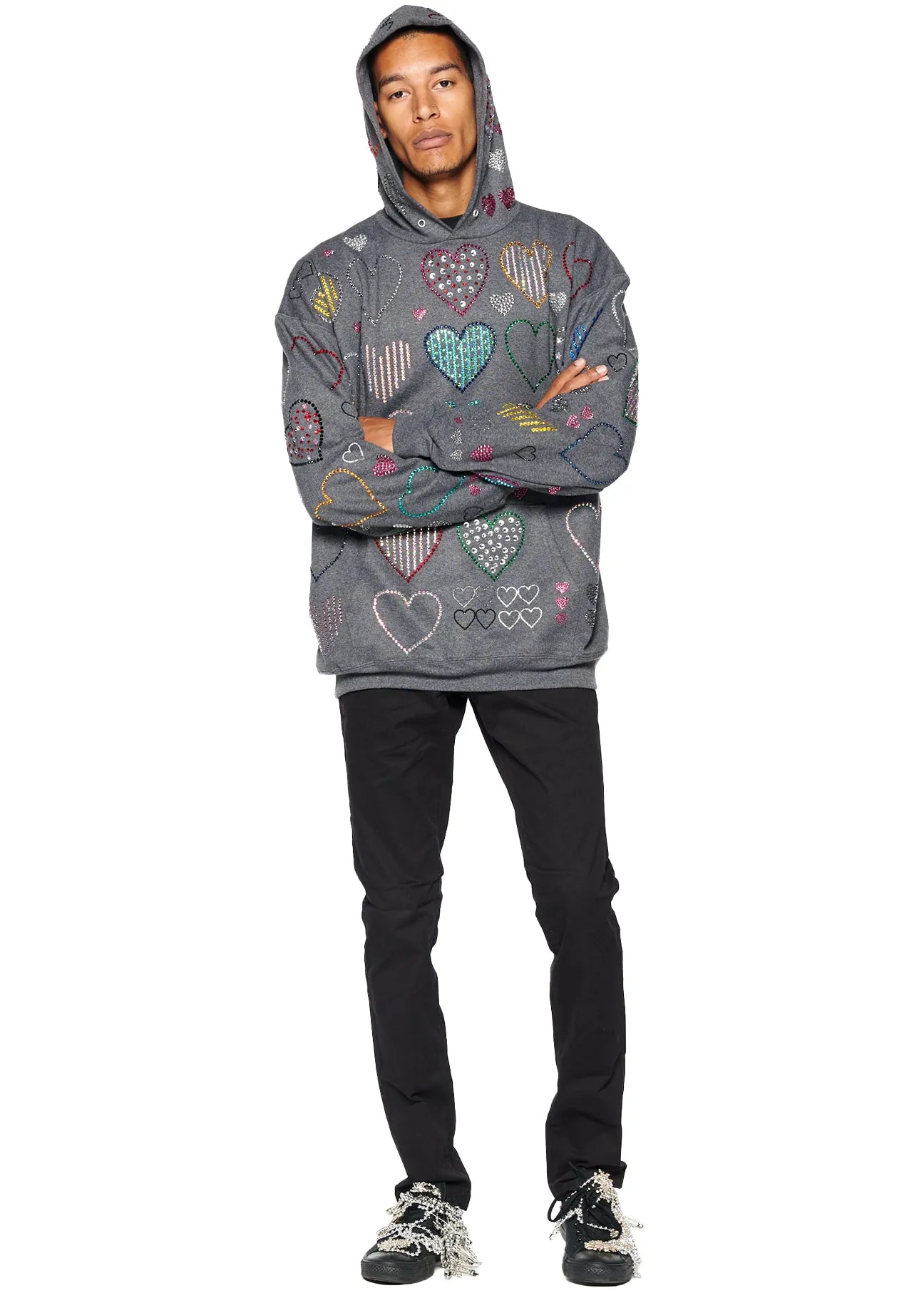 ALLOVER HEARTS GREY HOODIE PULLOVER SWEATSHIRT