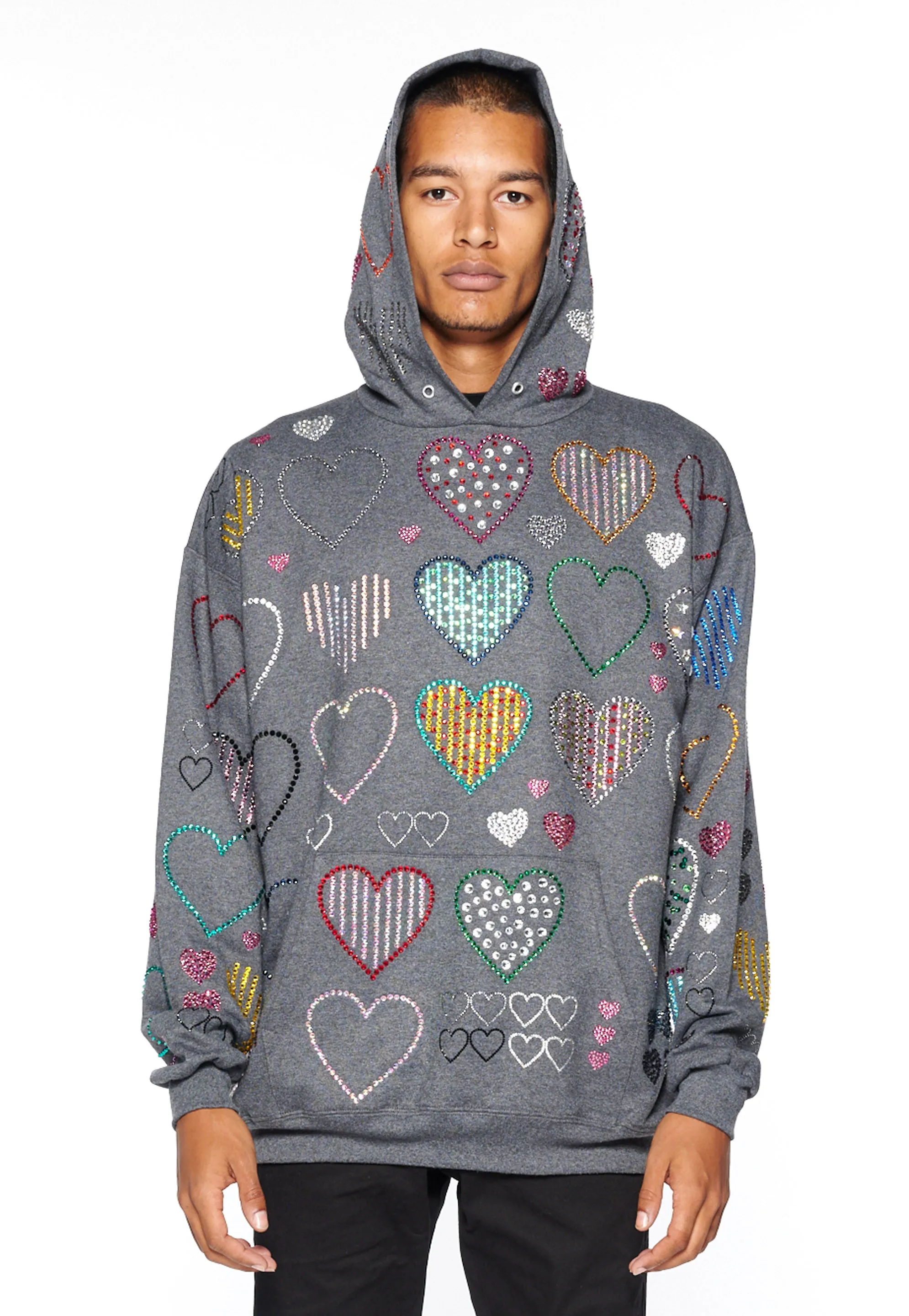 ALLOVER HEARTS GREY HOODIE PULLOVER SWEATSHIRT