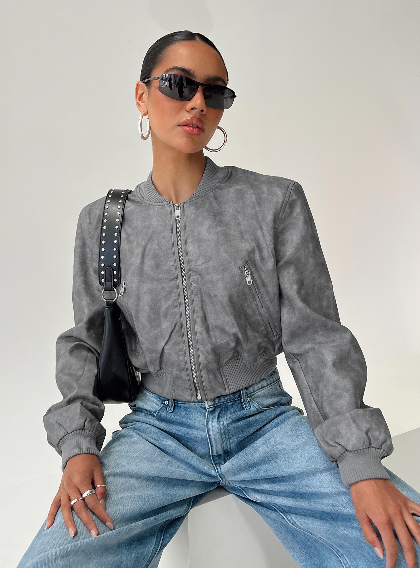 Allure Faux Leather Bomber Jacket Cloud