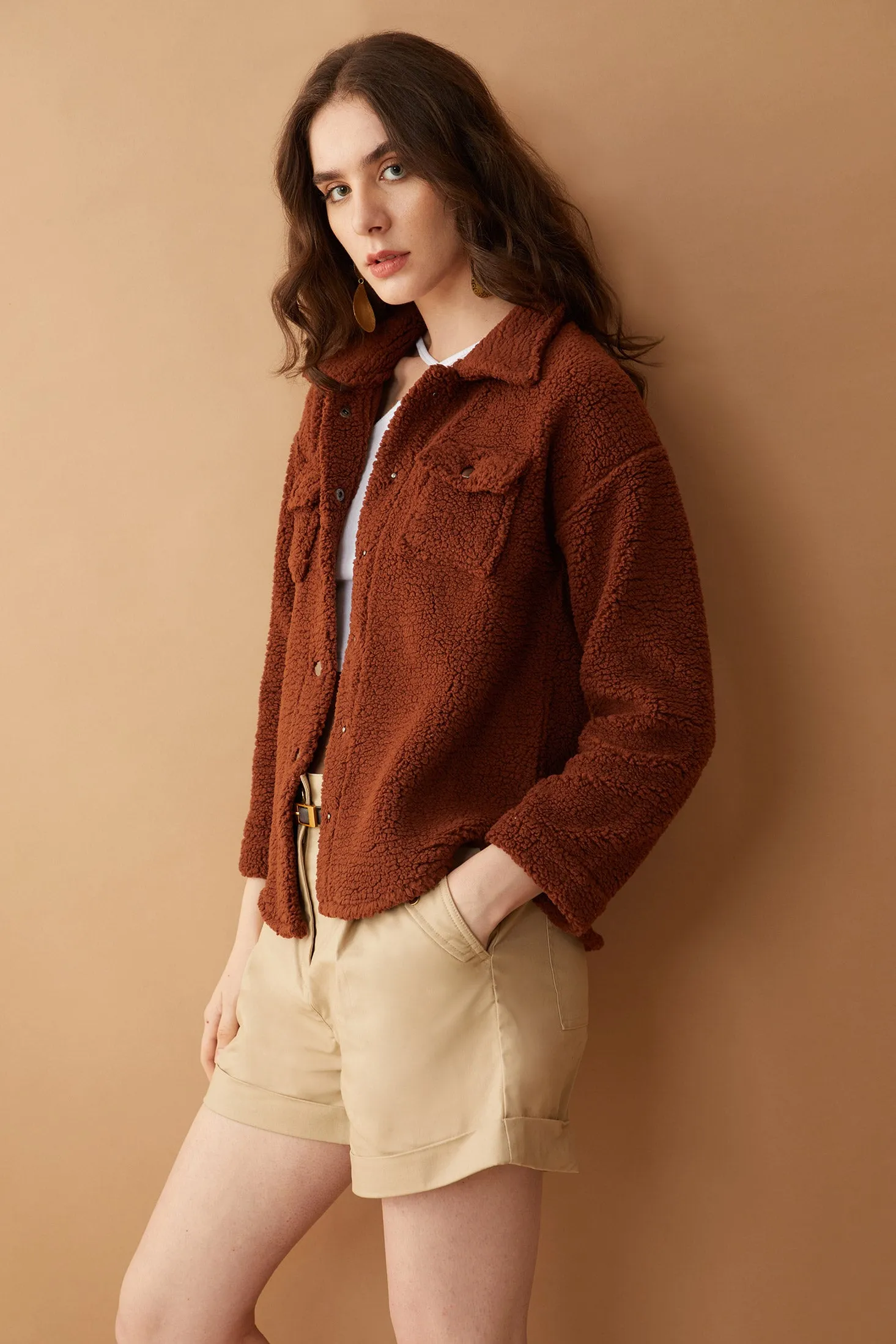 Amina Fleece Button Front Shacket Sweater