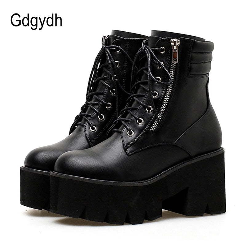 Ankle Boots For Women Motorcycle Boots Chunky Heels Casual Lacing Round Toe Platform Boots Shoes Female