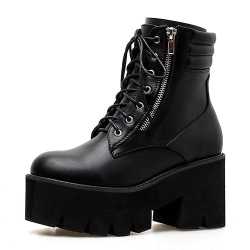 Ankle Boots For Women Motorcycle Boots Chunky Heels Casual Lacing Round Toe Platform Boots Shoes Female