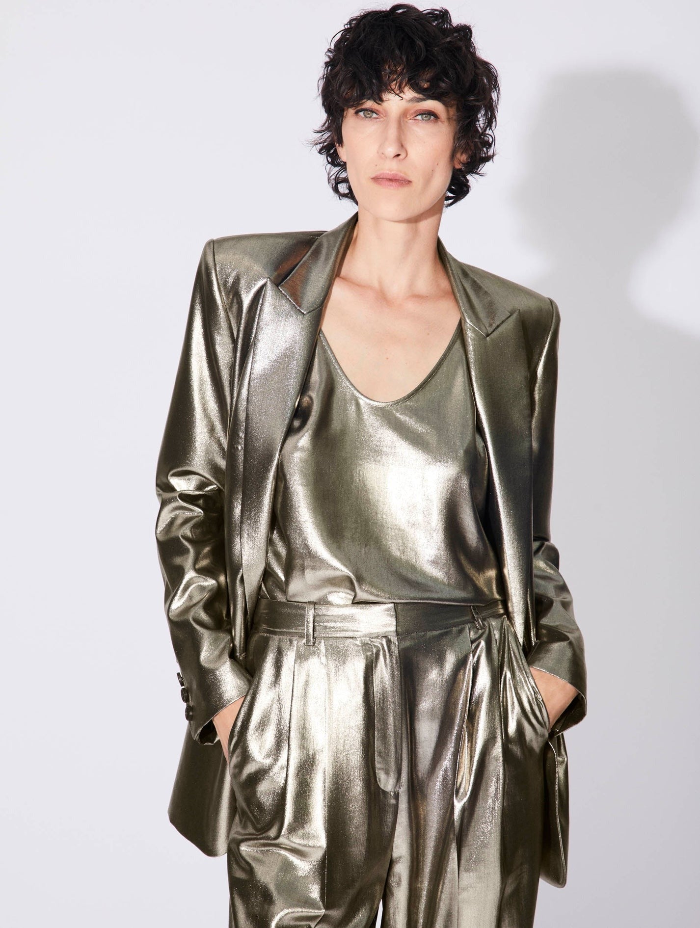 Barbara Bui Lamé Boyfriend Suit Jacket in Platinum