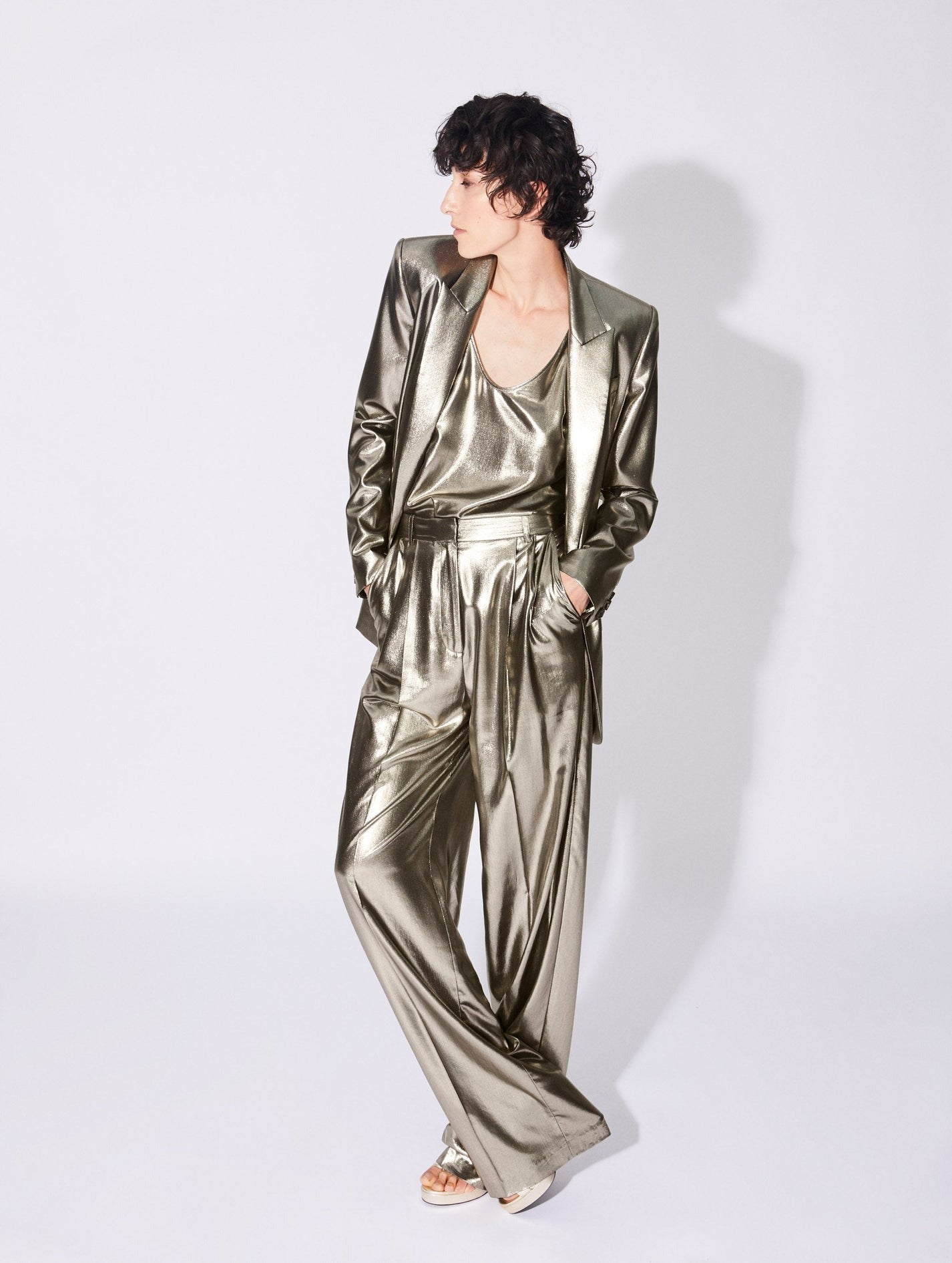 Barbara Bui Lamé Boyfriend Suit Jacket in Platinum