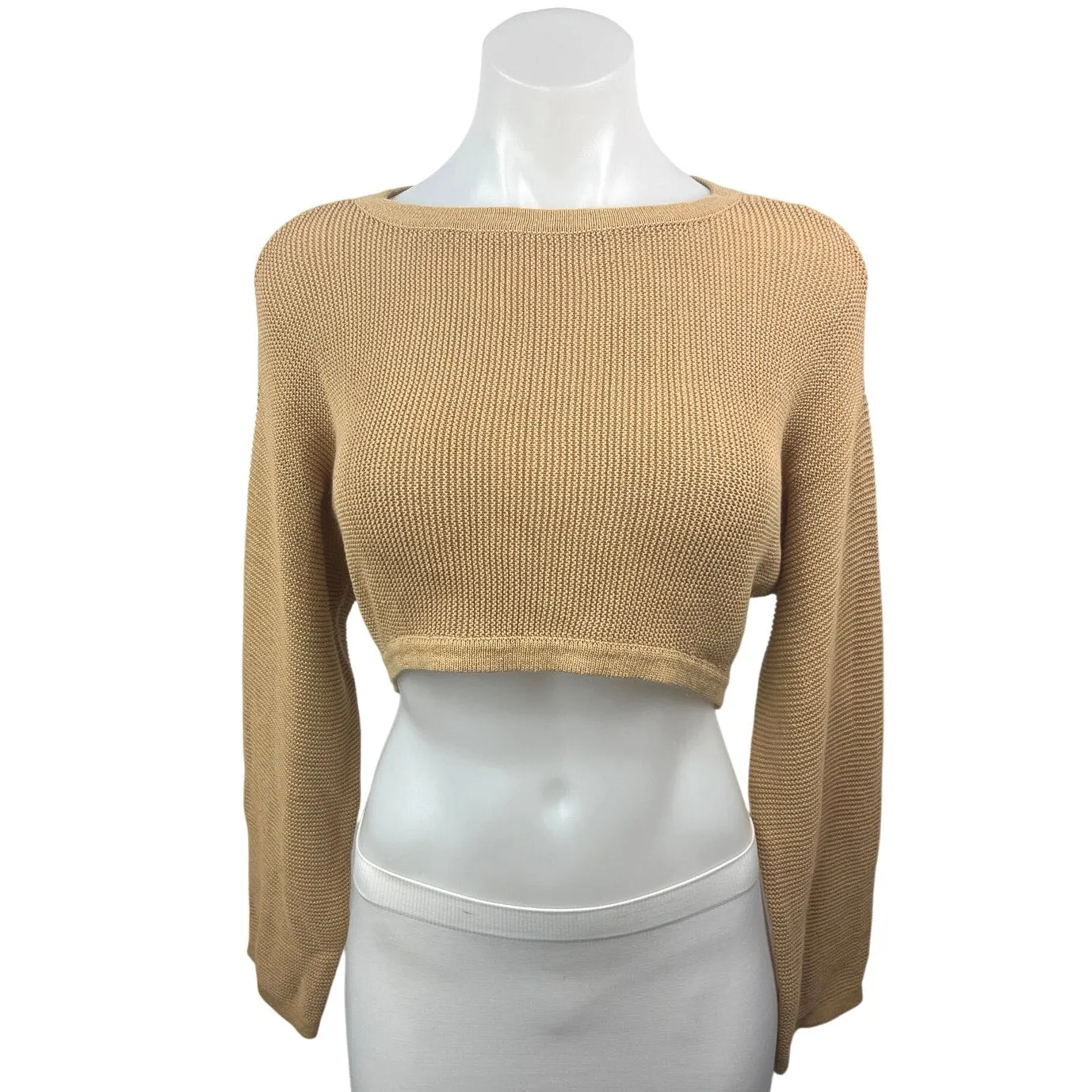 BCBGMaxazria Tan Boat Neck Ribbed Knit Pullover Crop Sweater Top Size S