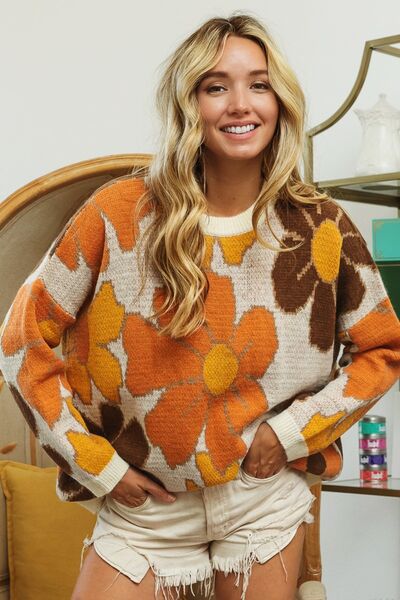 BiBi Round Neck Flower Pattern Sweater