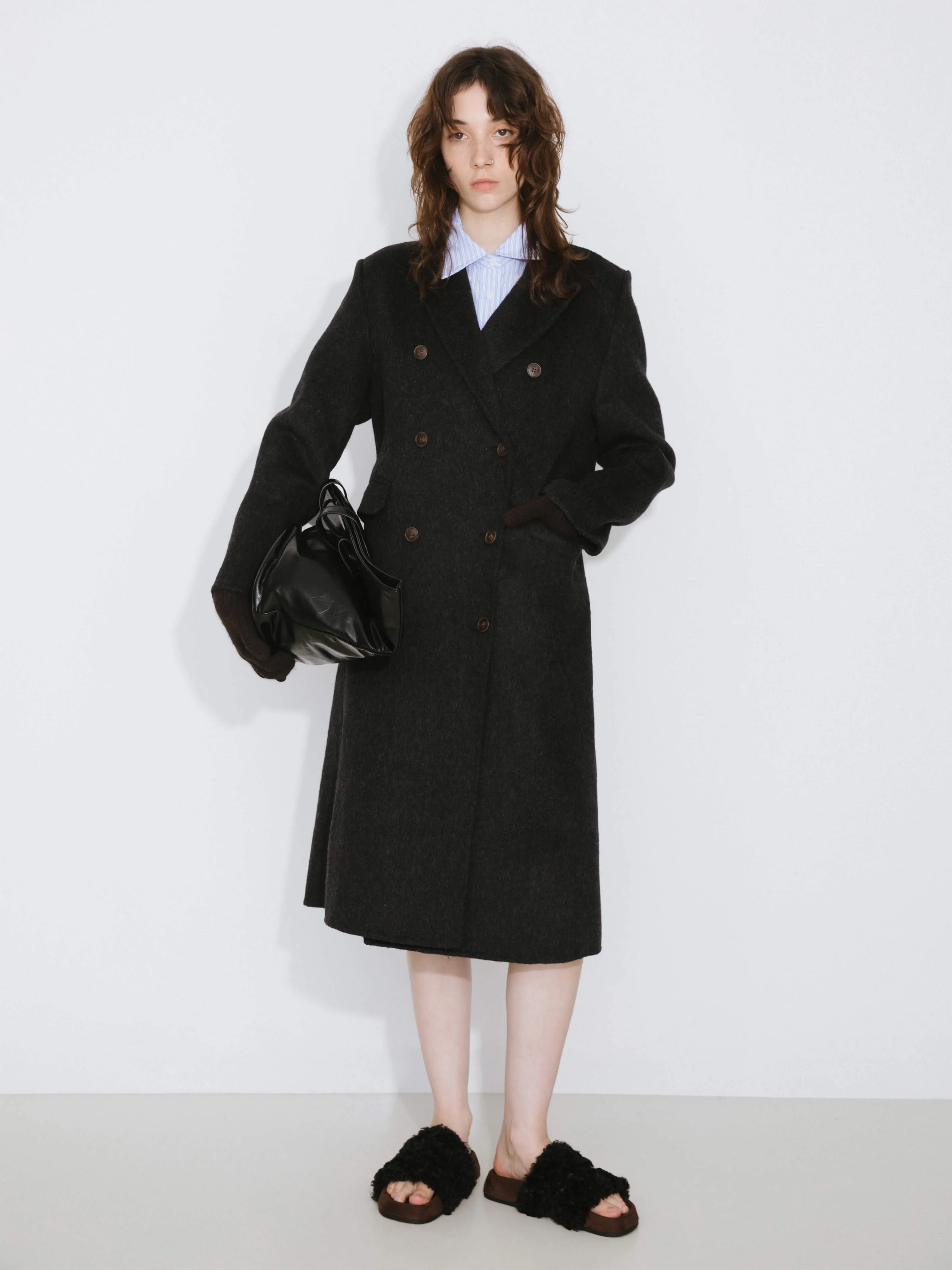 Black Double Breasted Wool Long Coat