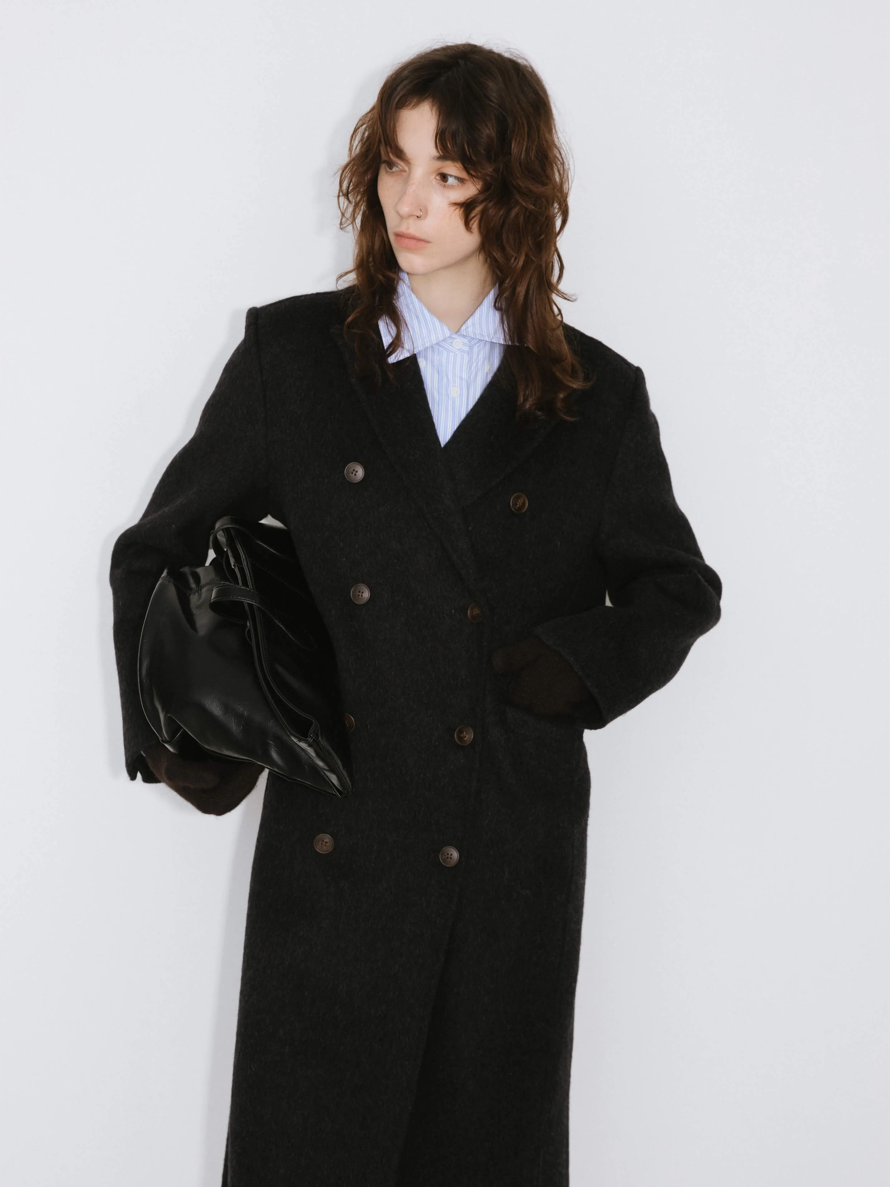 Black Double Breasted Wool Long Coat