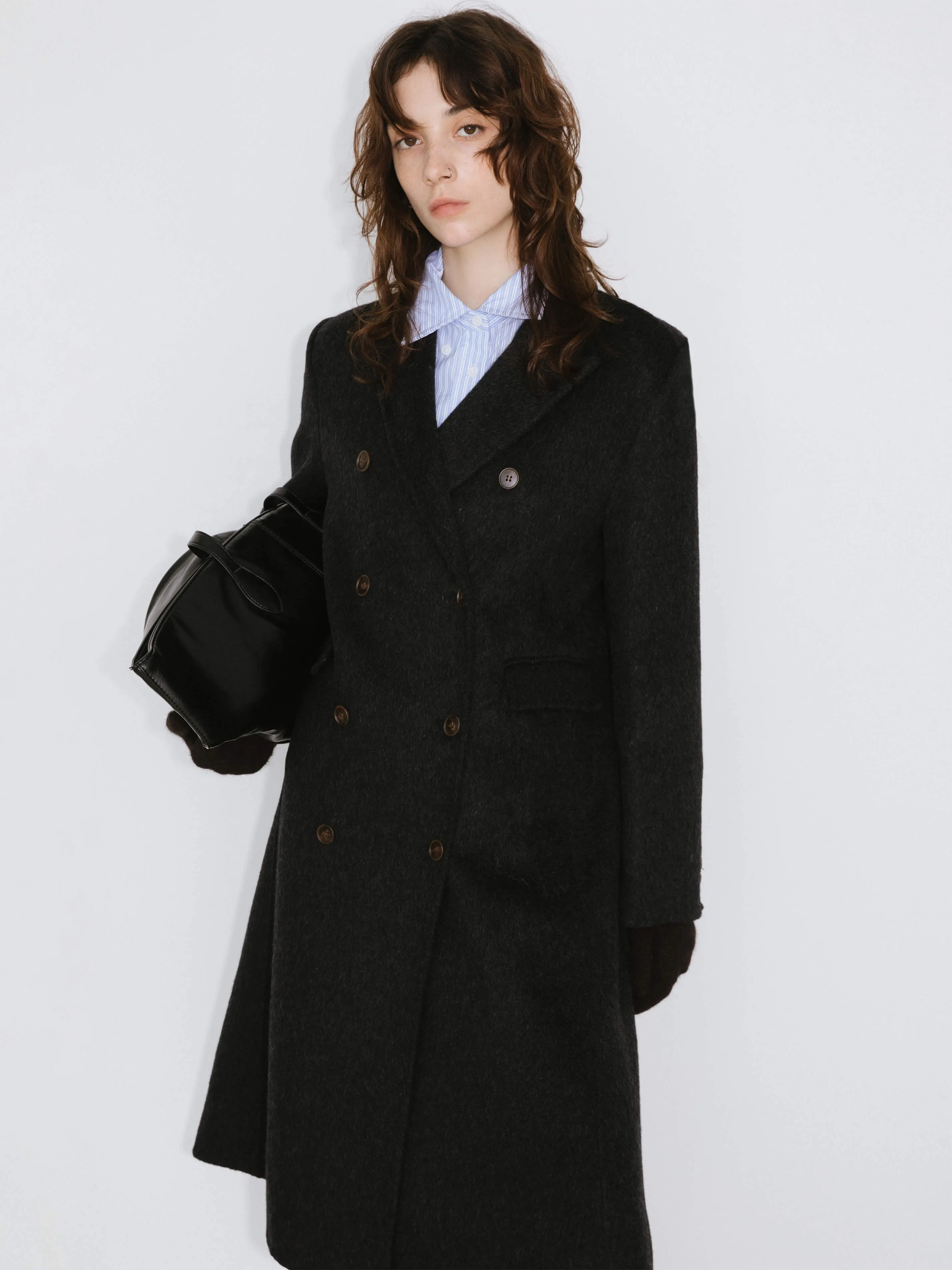 Black Double Breasted Wool Long Coat