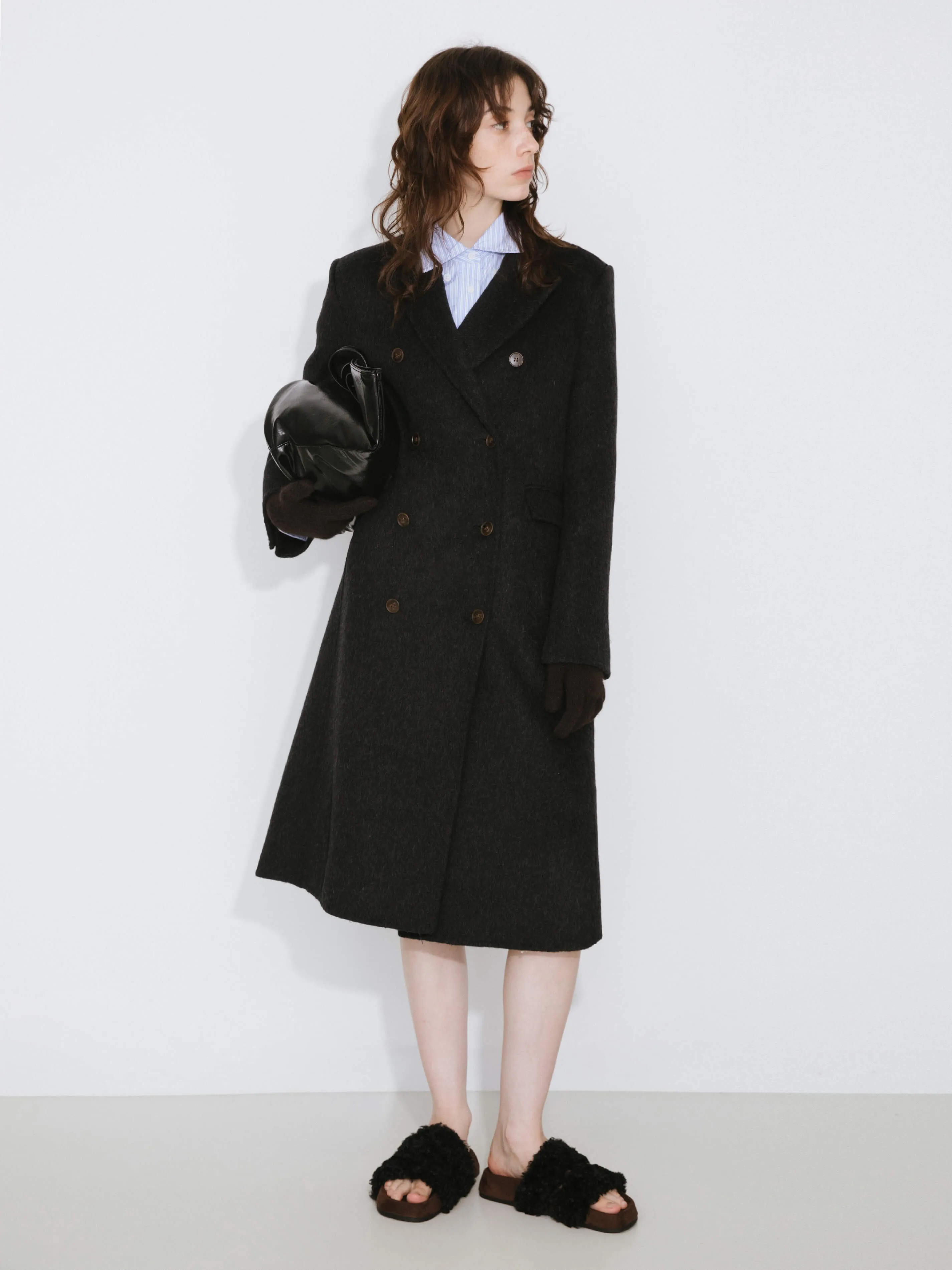 Black Double Breasted Wool Long Coat