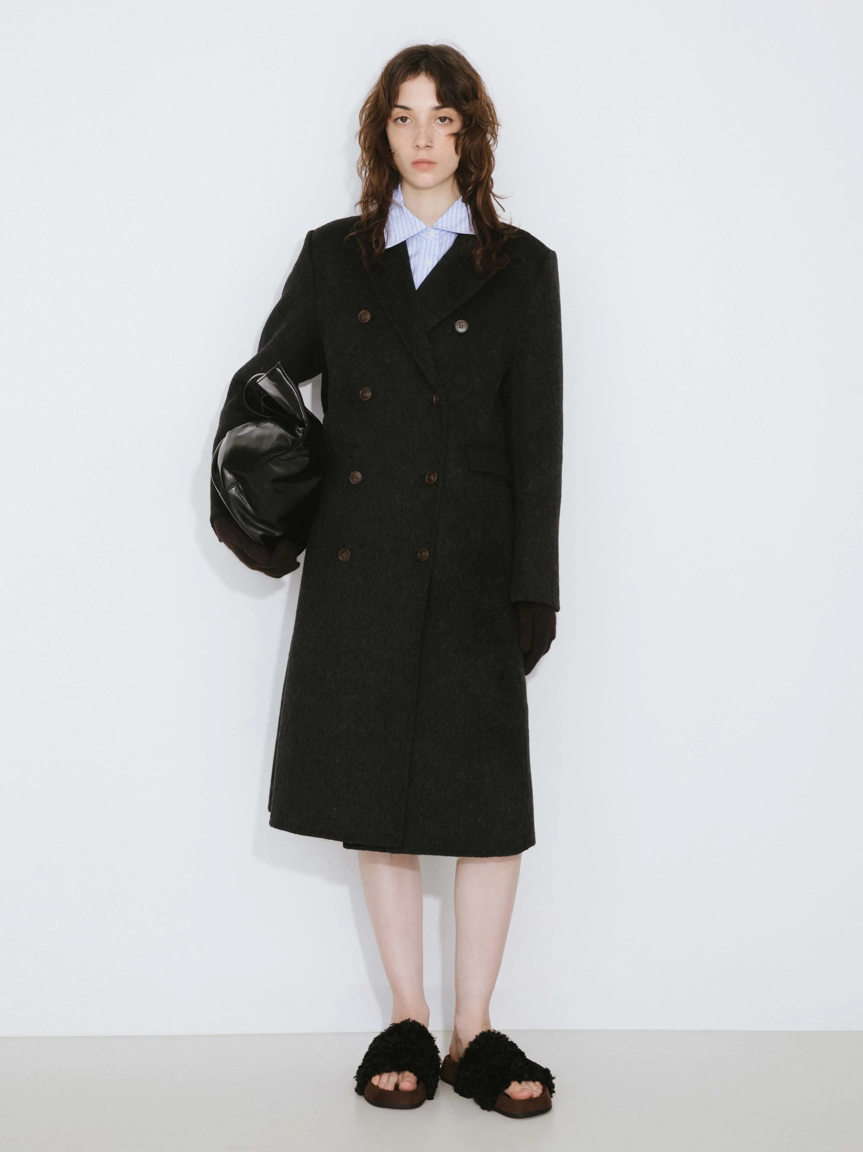 Black Double Breasted Wool Long Coat