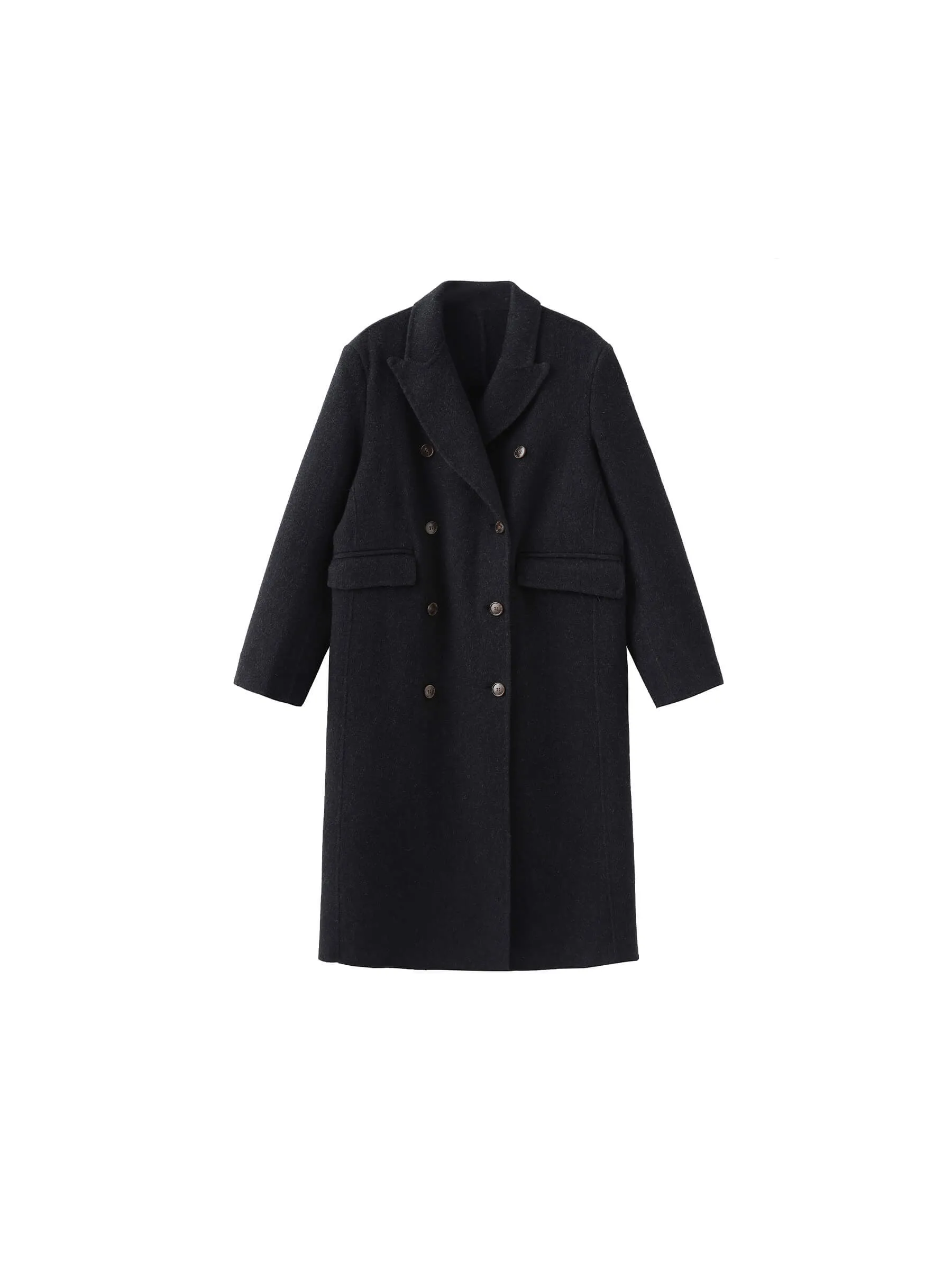 Black Double Breasted Wool Long Coat