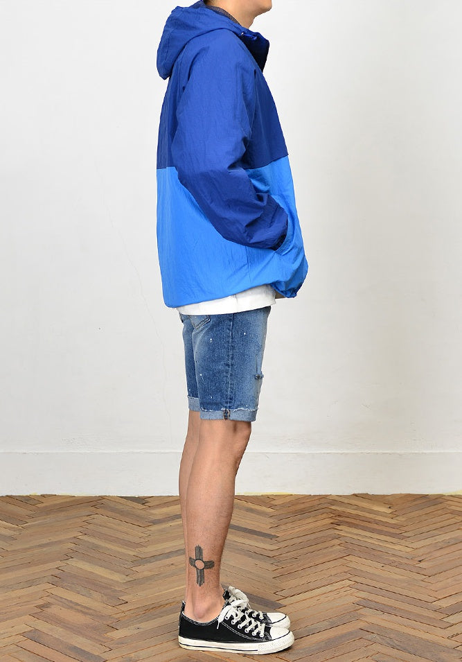 Blue Color Block Hooded Windreaker Jackets For Mens Hiphop Streetwear