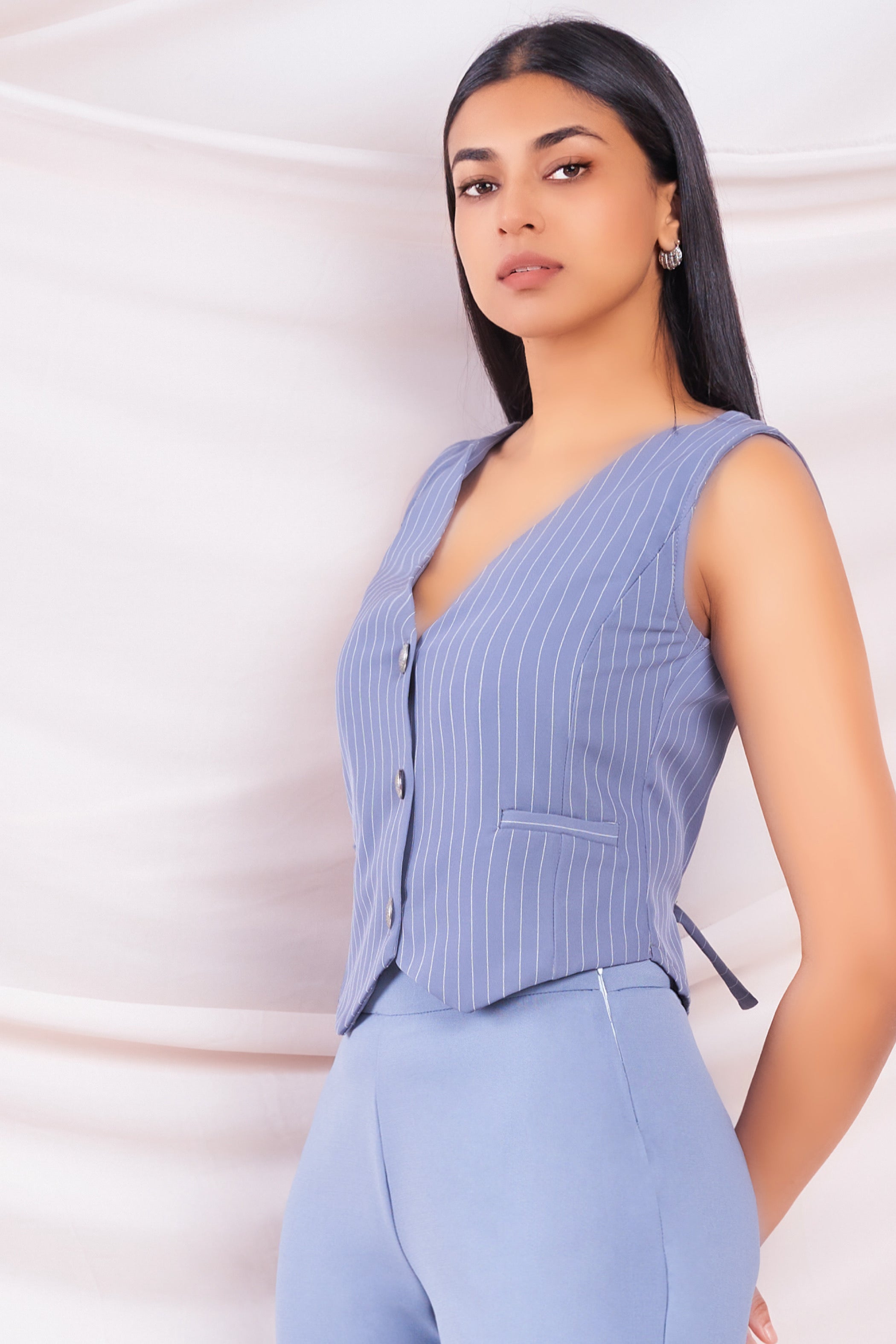 Blue Pinstripe Cropped Waistcoat