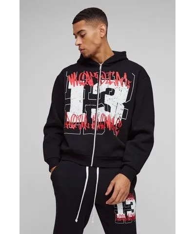 boohoo Mens Oversized Boxy Graffiti 13 Varsity Zip Through Hoodie