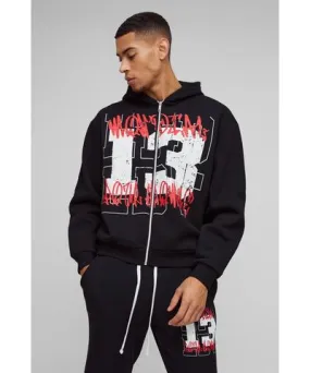 boohoo Mens Oversized Boxy Graffiti 13 Varsity Zip Through Hoodie