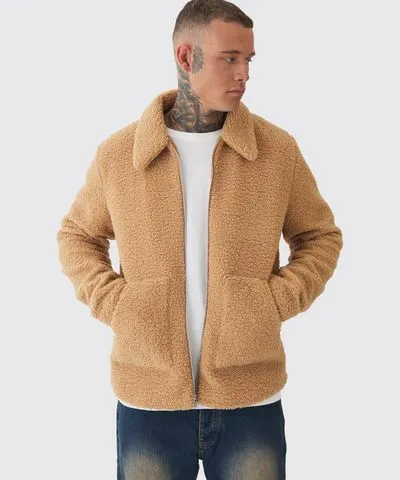 boohoo Mens Tall Borg Harrington Jacket In Tan