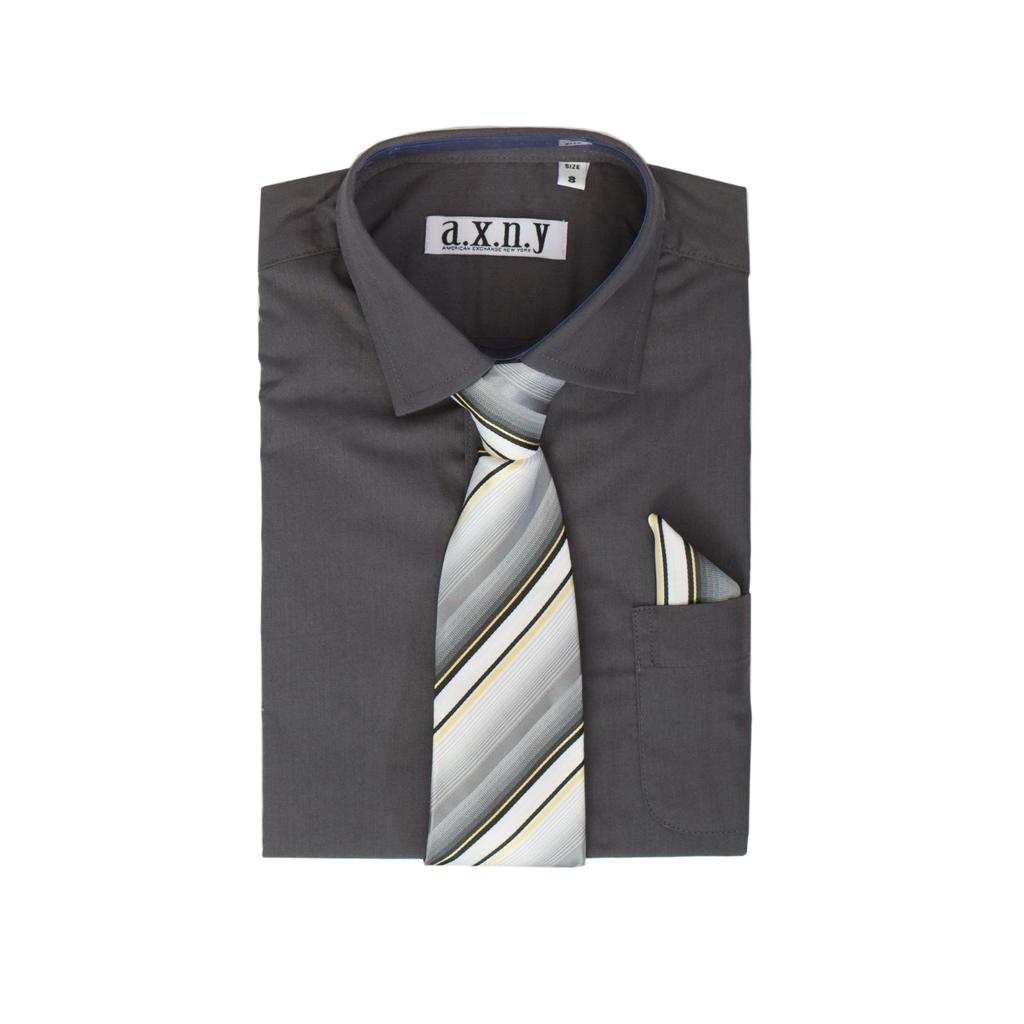 Boys Dress Shirt with Matching Tie and Hanky in Charcoal