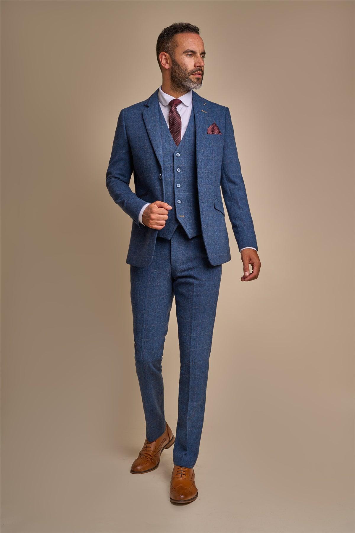 Carnegi Blue Long Tweed Three Piece Suit