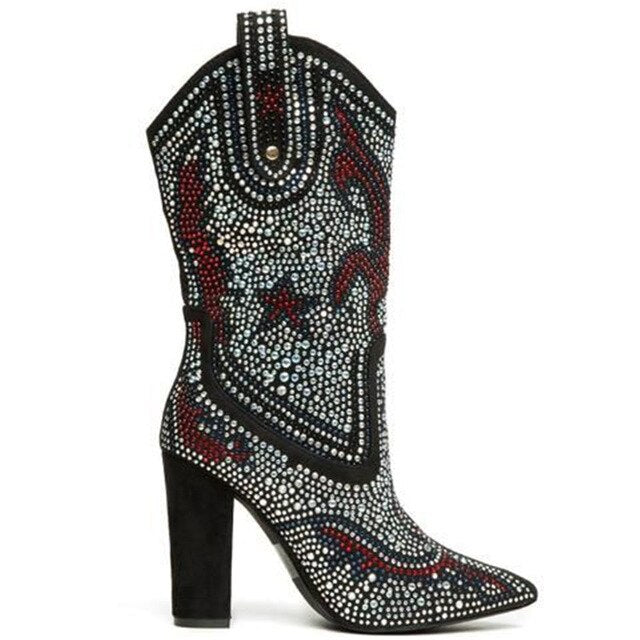 Cowgirl Boots Women Luxurious Crystal Rhinestone Studded Mid Calf Boots