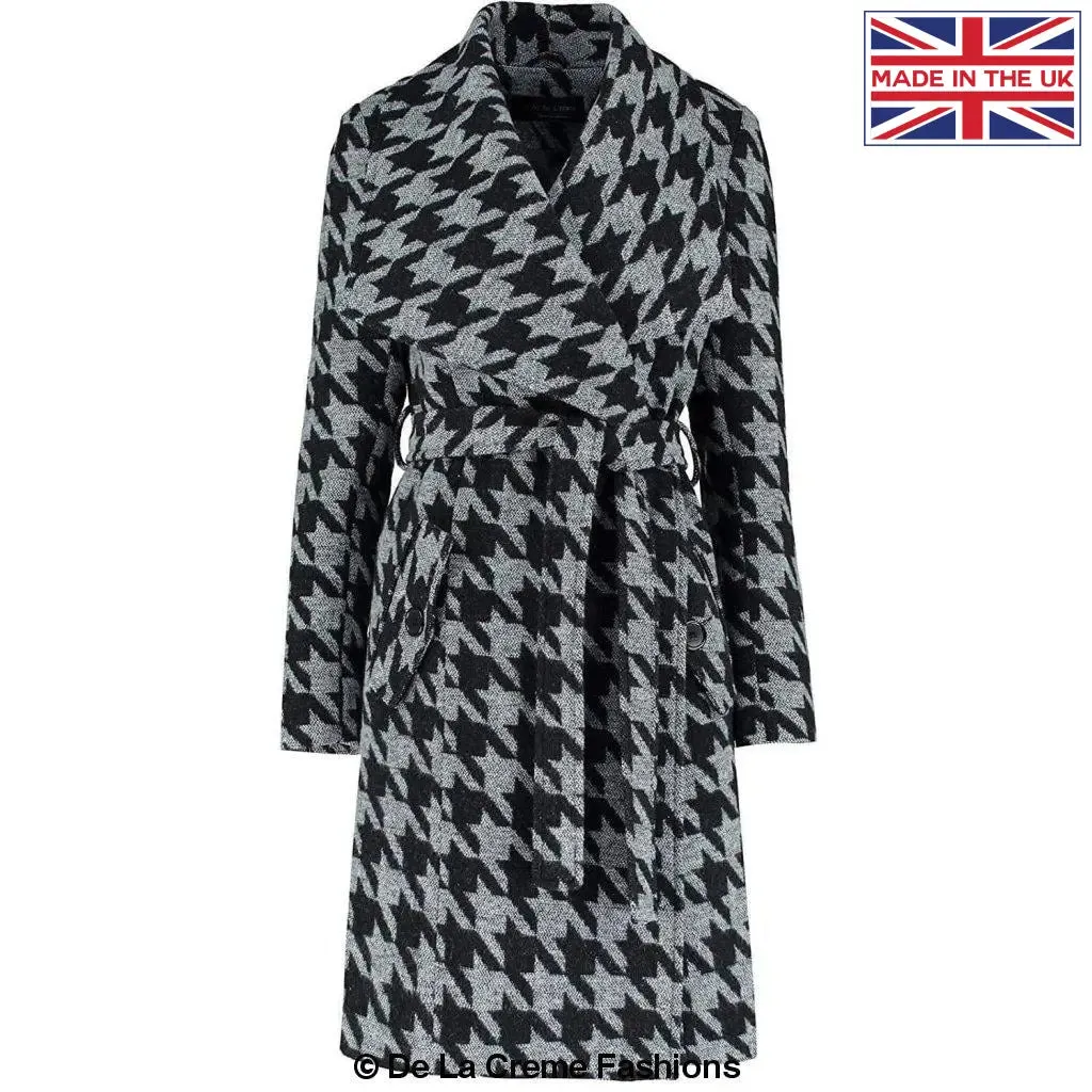 De La Creme - Womens Dogtooth Grey Duster Coat