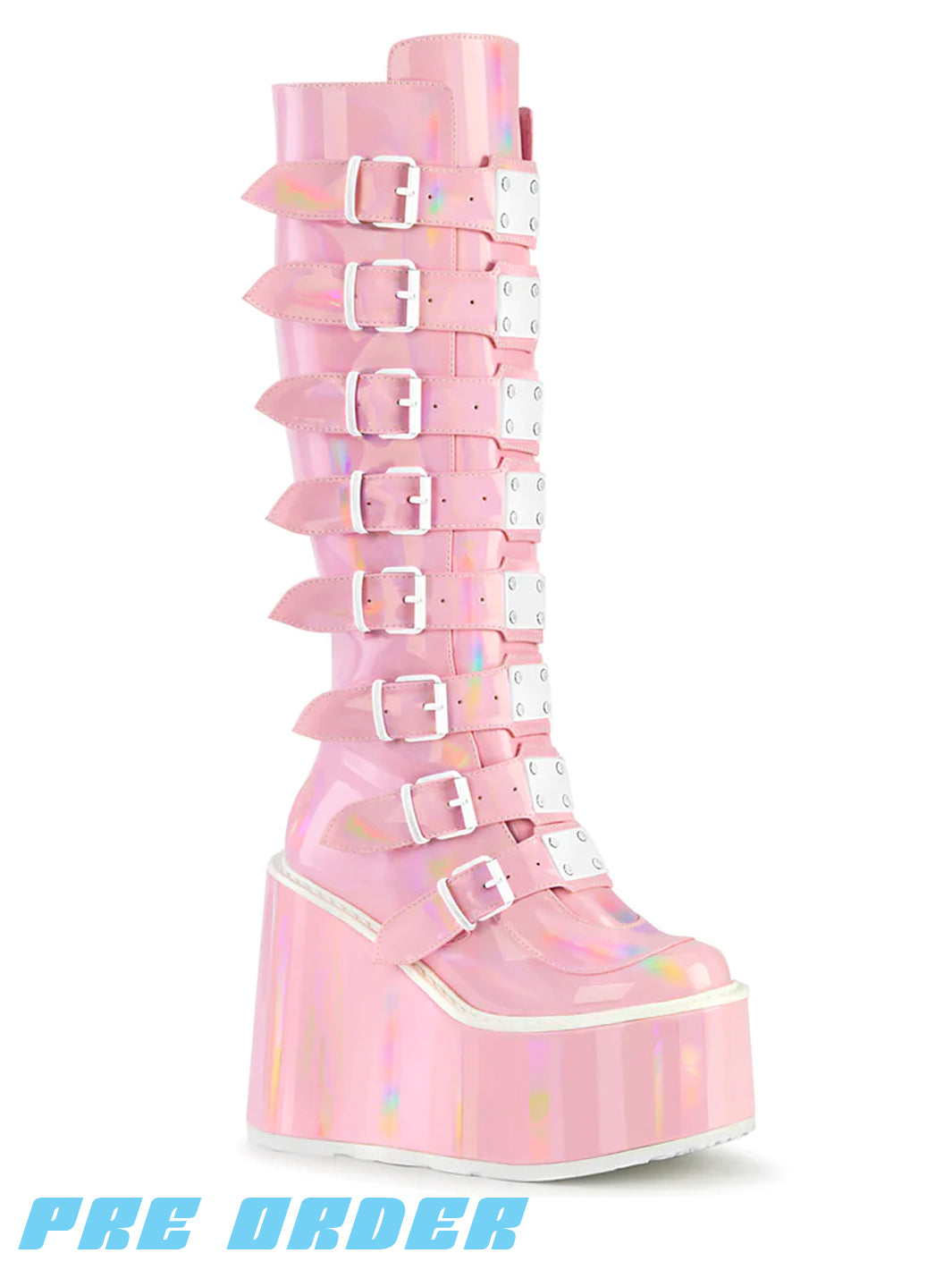 DEMONIA SWING-815 BOOTS - BABY PINK HOLOGRAM  PRE ORDER 