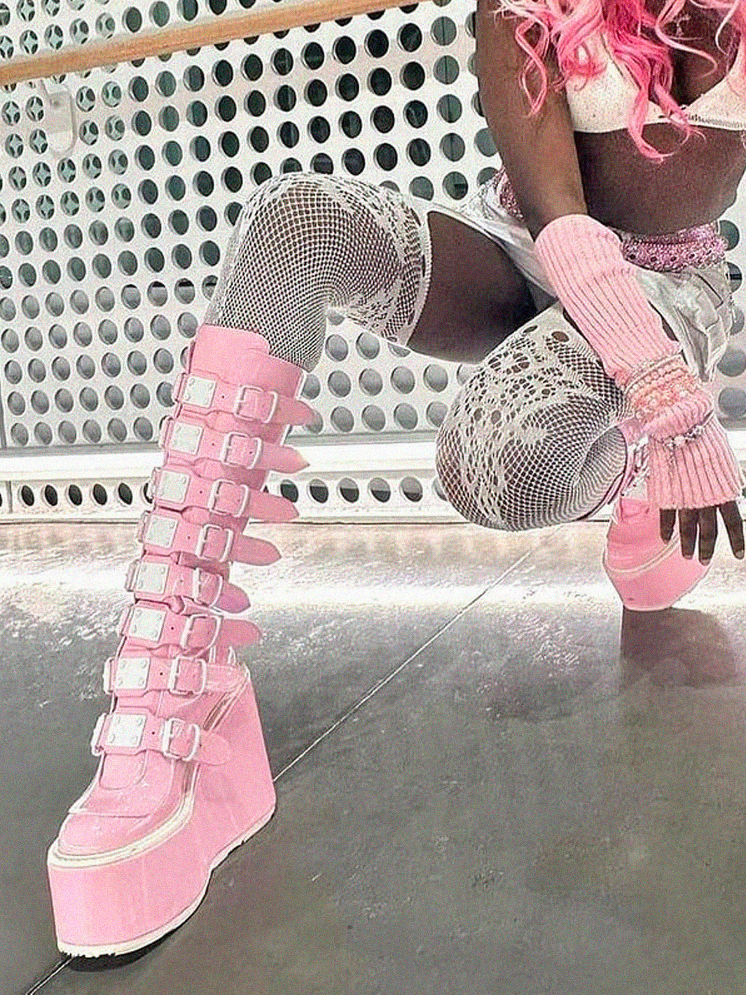 DEMONIA SWING-815 BOOTS - BABY PINK HOLOGRAM  PRE ORDER 