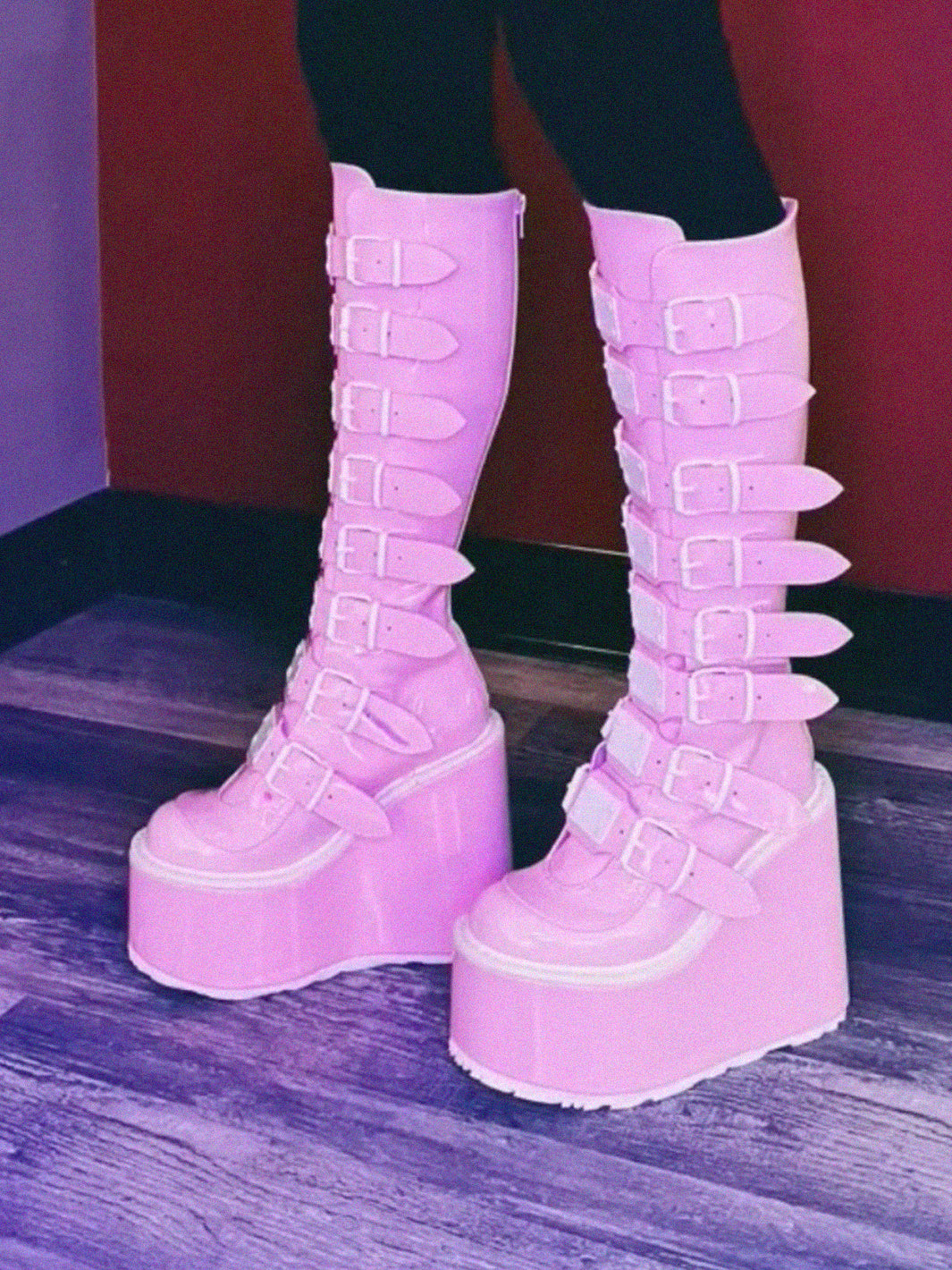 DEMONIA SWING-815 BOOTS - BABY PINK HOLOGRAM  PRE ORDER 