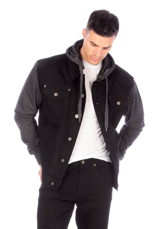 DENIM JACKET WITH HOOD - BLACK