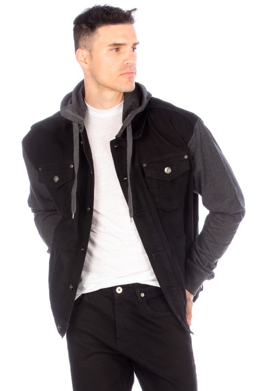 DENIM JACKET WITH HOOD - BLACK