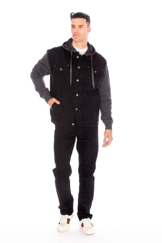 DENIM JACKET WITH HOOD - BLACK