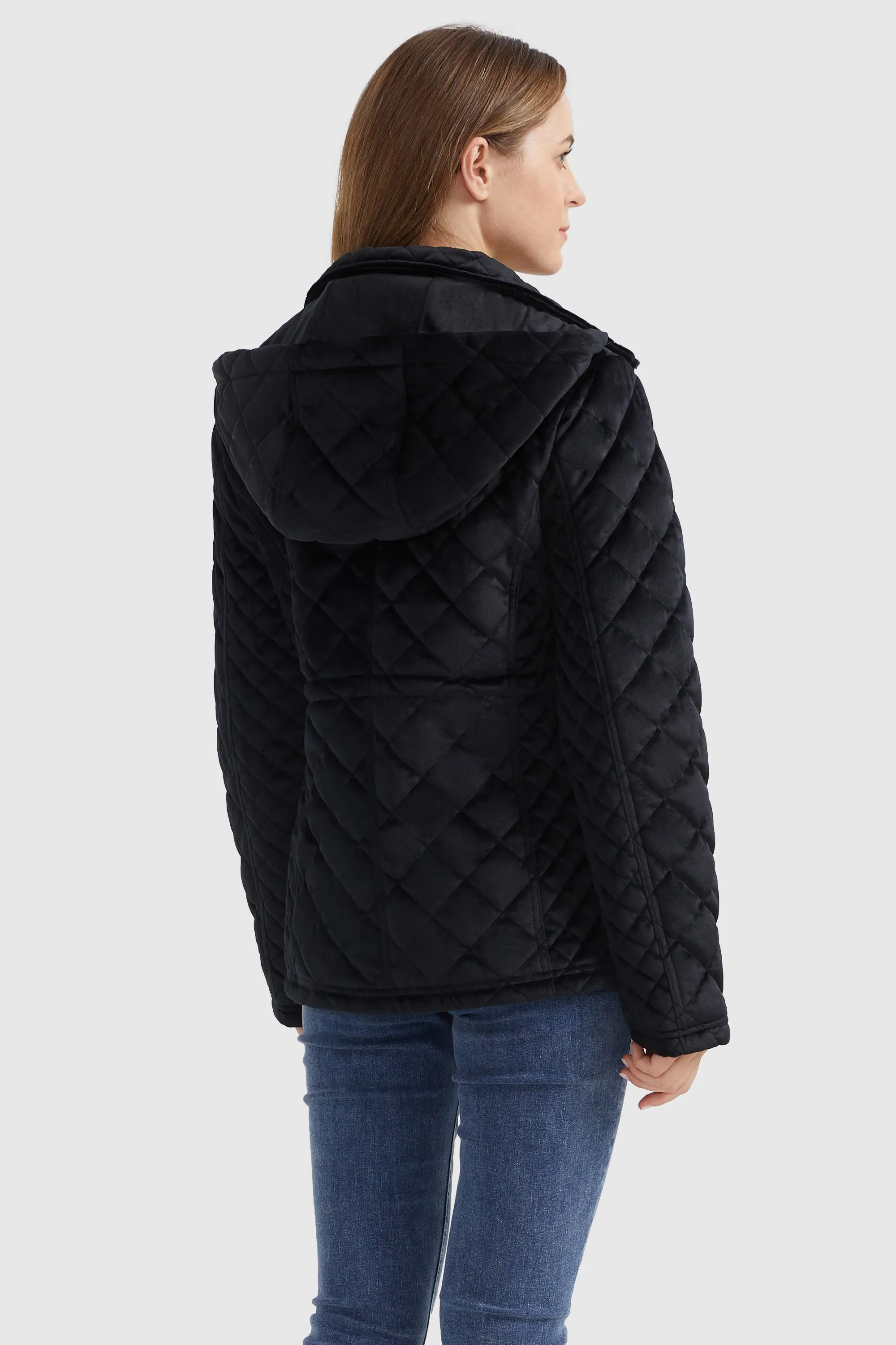 Diamond Quilted Drawstring Waist Winter Coat