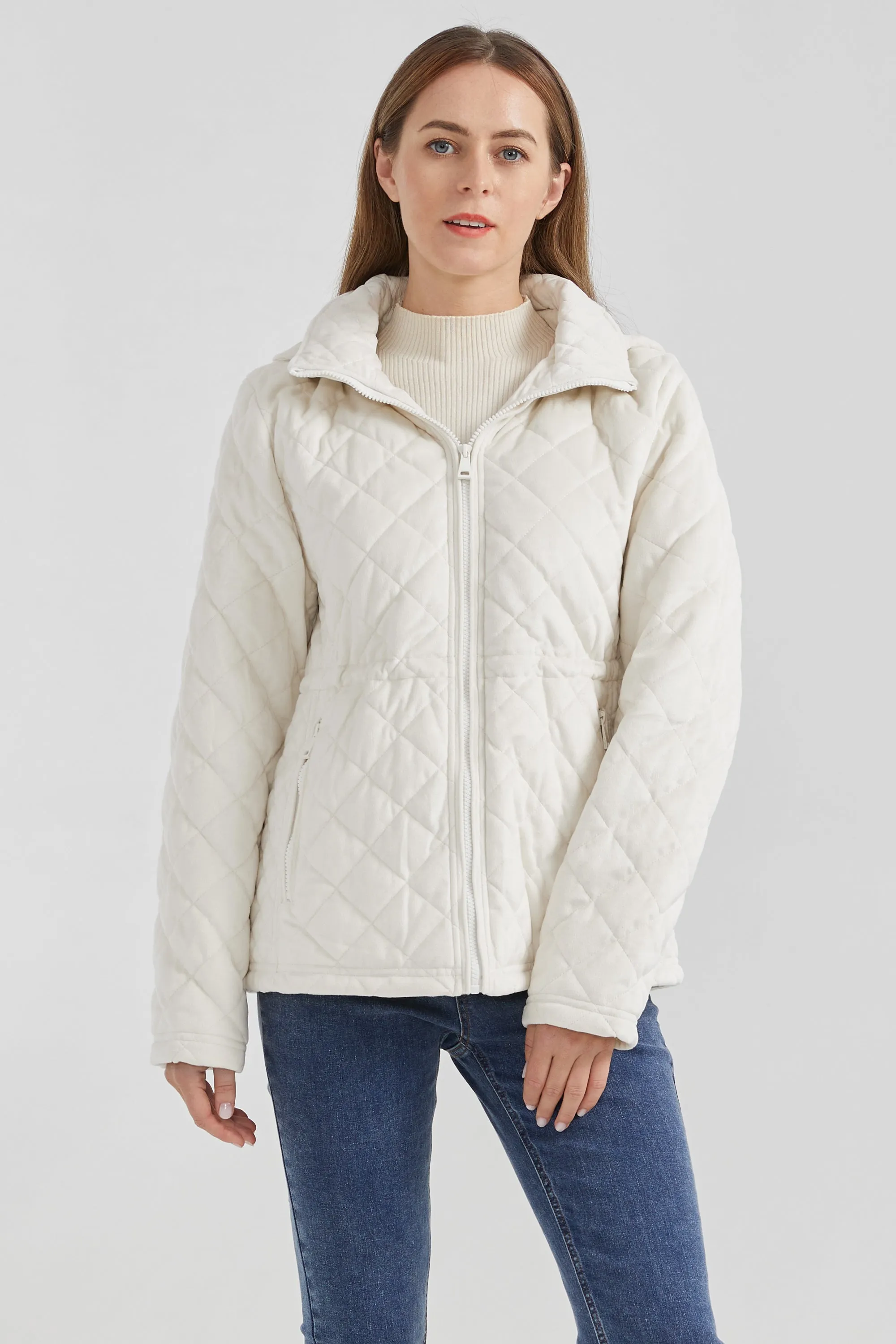 Diamond Quilted Drawstring Waist Winter Coat