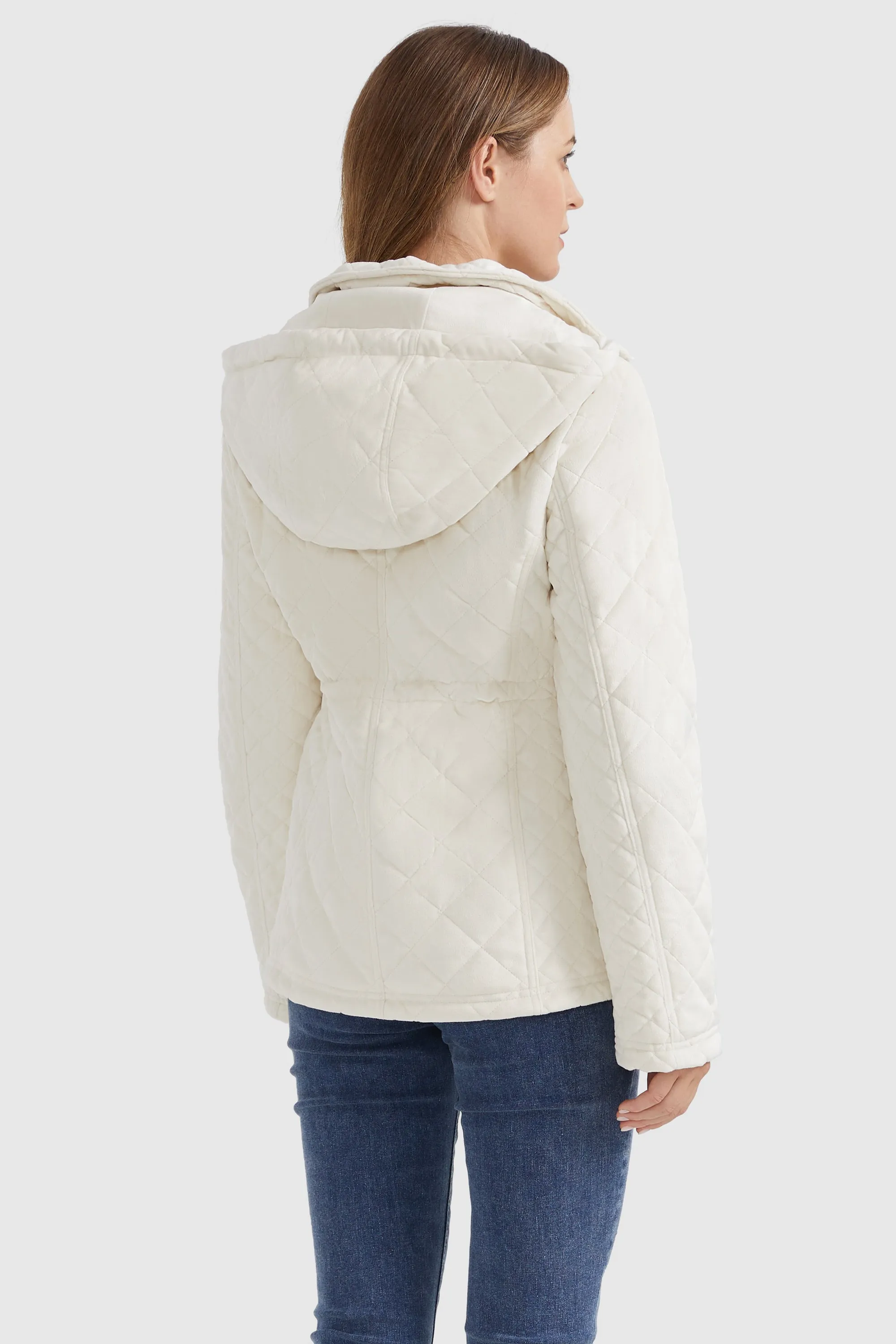 Diamond Quilted Drawstring Waist Winter Coat