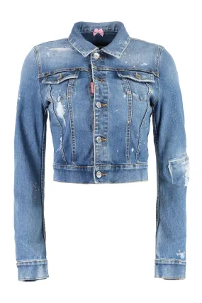 DSQUARED2 Chic Bleach-Washed Denim Jacket with Rhinestone Accents