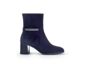 GABOR Navy Suede Block Heel Boot with Diamante Strip