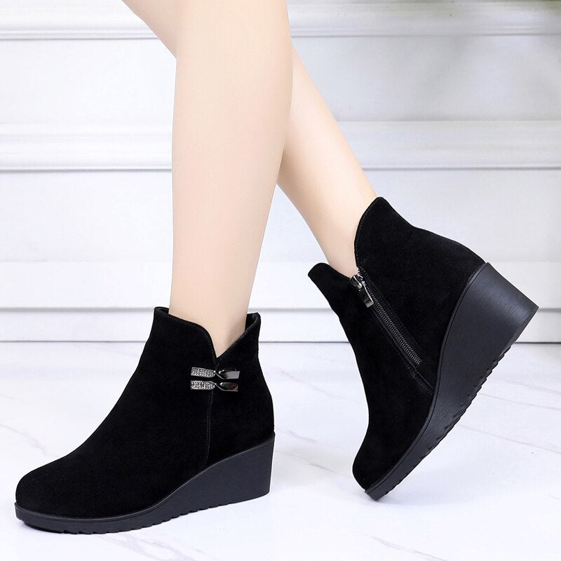 Genuine Leather Warm Winter Boots Shoes Women Ankle Boots Female Wedges Boots Women Boot Platform Shoes