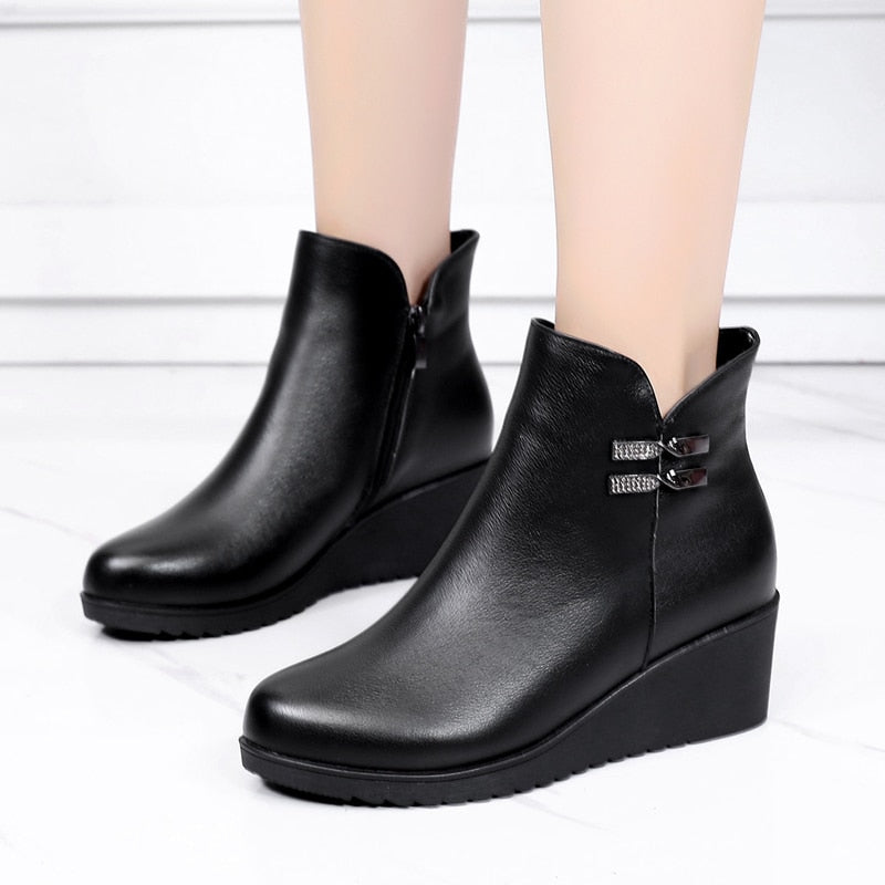 Genuine Leather Warm Winter Boots Shoes Women Ankle Boots Female Wedges Boots Women Boot Platform Shoes